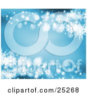 Clipart Illustration Of A Blue Background With White Winter Snowflakes Along The Top And Bottom Borders