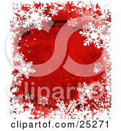 Poster, Art Print Of Border Of White Snowflakes Over A Red Grunge Background With Black Splatters