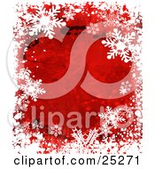 Clipart Illustration Of A Border Of White Snowflakes Over A Red Grunge Background With Black Splatters