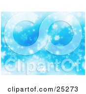 Clipart Illustration Of A Wintry Blue Background With Shiny White Snowflakes Falling From The Sky