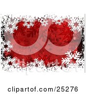 Poster, Art Print Of Border Of White Snowflakes Over A Horizontal Red Grunge Background With Black Splatters