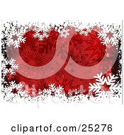 Clipart Illustration Of A Border Of White Snowflakes Over A Horizontal Red Grunge Background With Black Splatters