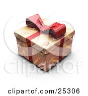 Clipart Illustration Of An Unopened Christmas Gift Wrapped In Gold Christmas Greeting Paper With A Red Ribbon And Bow