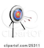 Clipart Illustration Of Three Arrows In The Yellow Bullseye Of A Target Board