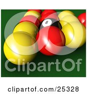 Clipart Illustration Of A Closeup Of A Black Eight Ball In The Center Of Red And Yellow Racked English Billiards Pool Balls On The Green Of A Table by KJ Pargeter