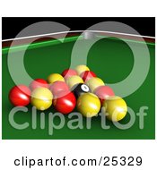 Poster, Art Print Of Red Yellow And Black Racked English Billiards Pool Balls On The Green Of A Table