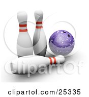 Purple Bowling Ball Beside Two White Bowling Pins With Red Rings One Knocked Over On A White Background