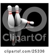 Clipart Illustration Of Two White Bowling Pins With Red Rings Standing Near A Fallen Pin On A Reflective Black Background by KJ Pargeter