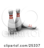 Two White Bowling Pins With Red Rings Standing Near A Fallen Pin On A White Background