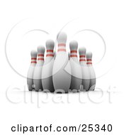 Poster, Art Print Of Ten Tall White Bowling Pins With Red Rings Positioned Upright In The Alley Over A White Background