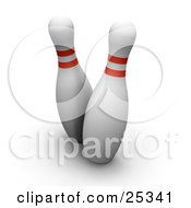 Two White Bowling Pins With Red Rings Swaying At The End Of The Alley On A White Background