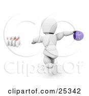 Poster, Art Print Of White Character About To Release A Purple Bowling Ball To Knock Over Ten Pins At The End Of An Alley On White