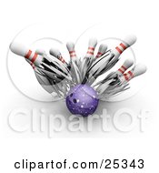 Poster, Art Print Of Fast Purple Bowling Ball Shredding Through White Bowling Pins On A White Background