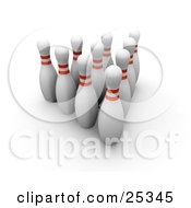 Poster, Art Print Of Ten White Bowling Pins With Red Rings Positioned Upright In The Alley Over A White Background