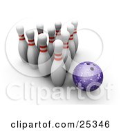 Clipart Illustration Of A Purple Bowling Ball Beside Ten White Pins With Red Rings Over A White Background
