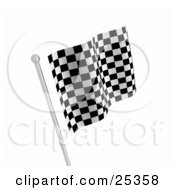 Clipart Illustration Of One Checkered Racing Flag In Black And White Waving In The Breeze On A Silver Pole