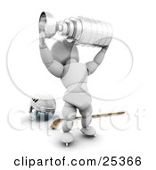 Clipart Illustration Of A Victorious White Character Holding Up A Silver Trophy Cup And Standing In Front Of A Hockey Stick And Helmet by KJ Pargeter