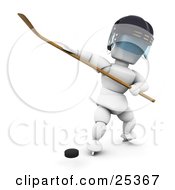 White Character In A Helmet Preparing To Hit A Puck With A Hockey Stick
