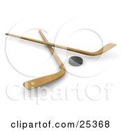 Poster, Art Print Of Two Wooden Hockey Sticks Crossed By A Black Puck