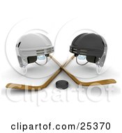 Clipart Illustration Of White And Black Helmets With Two Wooden Hockey Sticks And A Puck