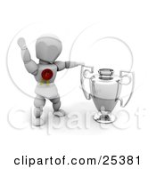 Poster, Art Print Of Successful White Character Wearing A Red First Place Ribbon Waving And Standing By A Silver Trophy Cup