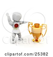 Poster, Art Print Of Successful White Character Wearing A Red First Place Ribbon Waving And Standing By A Golden Trophy Cup