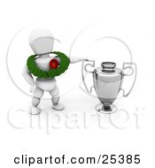 Poster, Art Print Of White Character Wearing A Green Leaf Garland And A First Place Ribbon And Standing By A Silver Trophy Cup