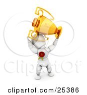 Poster, Art Print Of Proud White Character Holding Up A Golden First Place Trophy Cup And Wearing A Red Ribbon