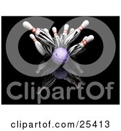 Clipart Illustration Of A Fast Purple Bowling Ball Shredding Through White Bowling Pins On A Black Reflective Surface