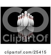Clipart Illustration Of Ten White Bowling Pins With Red Rings Positioned Upright In The Alley Over A Reflective Black Background