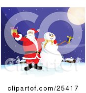 Clipart Illustration Of Santa Claus And Frosty The Snowman Standing Under A Full Moon Outside On A Snowy Wintry Night Holding Christmas Presents