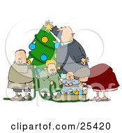 White Family With A Father Mother Brother Sister And Baby Decorating A Christmas Tree Together