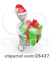 Clipart Illustration Of A White Person Wearing A Santa Hat Carrying A Big Green And Red Christmas Present by 3poD