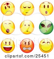 Poster, Art Print Of Group Of Shot Shocked Alien Happy Mad And Grinning Yellow Green And Red Emoticon Faces