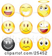 Poster, Art Print Of Group Of Happy Angelic Goofy And Upset Black And Yellow Emoticon Faces