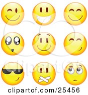 Group Of Winking Smiling Happy Awed Cool Silenced And Nervous Yellow Emoticon Faces