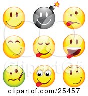 Poster, Art Print Of Group Of Happy Bomb Goofy Teasing Sick And Winking Black Green And Yellow Emoticon Faces