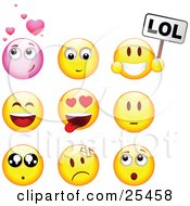 Group Of Infatuated Laughing Nervous Hurt And Surprised Pink And Yellow Emoticon Faces