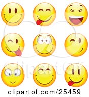 Poster, Art Print Of Group Of Smiling Teasing Laughing Grinning And Winking Yellow Emoticon Faces