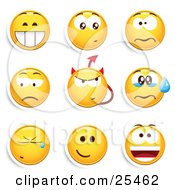Clipart Illustration Of A Group Of Grinning Nervous Mad Devil Crying And Smiling Yellow Emoticon Faces