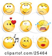 Clipart Illustration Of A Group Of Smiling Angelic Grumpy Infatuated Crying Whistling And Kissing Yellow Emoticon Faces