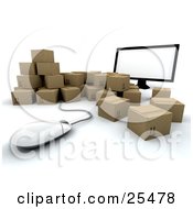 Group Of Cardboard Boxes Surrounding A Computer Screen And Mouse