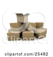 Poster, Art Print Of Opened Cardboard Box On Top Of Stacked Shipping Boxes