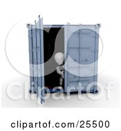 Poster, Art Print Of White Character Opening The Doors Of A Blue Freight Container