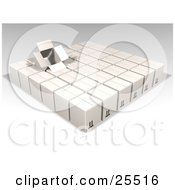 Poster, Art Print Of Opened Box Sticking Out Of Rows Of Sealed White Cardboard Boxes Ready For Shipment