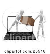 Clipart Illustration Of A White Figure Character Emerging From A Laptop Computer Screen And Handing A Package To Another Person