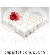 Opened Red Box Sticking Out Of Rows Of Sealed White Cardboard Boxes Ready For Shipment
