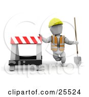 Poster, Art Print Of White Character Construction Worker Wearing A Hard Hat And Vest Holding A Shovel And Leaning Against A Type Ii Barricade