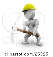 White Character Construction Worker In A Yellow Hardhat Working With A Pickaxe