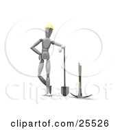 Poster, Art Print Of White Figure Character In A Hardhat Leaning On A Shovel And Standing By A Pickaxe